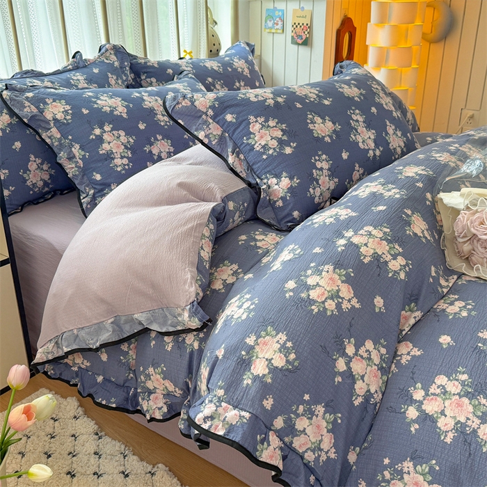 91家纺网 家纺一手货源 找家纺 艾特你 2025新款云感皱皱双层纱黑色包边四件套 黑边-豆蔻