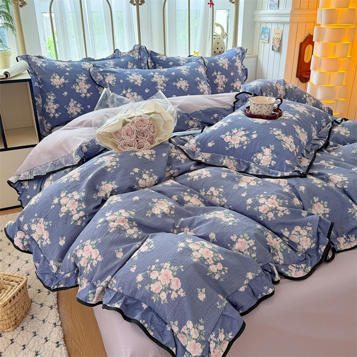 91家纺网 家纺一手货源 找家纺 艾特你 2025新款云感皱皱双层纱黑色包边四件套 黑边-豆蔻