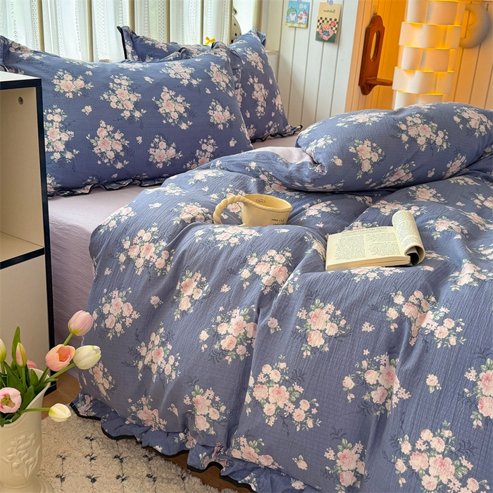 91家纺网 家纺一手货源 找家纺 艾特你 2025新款云感皱皱双层纱黑色包边四件套 黑边-豆蔻