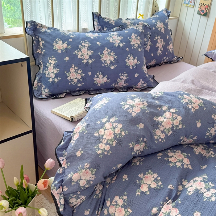 91家纺网 家纺一手货源 找家纺 艾特你 2025新款云感皱皱双层纱黑色包边四件套 黑边-豆蔻