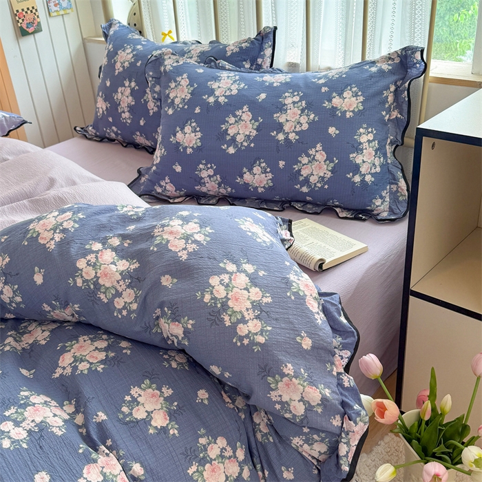 91家纺网 家纺一手货源 找家纺 艾特你 2025新款云感皱皱双层纱黑色包边四件套 黑边-豆蔻