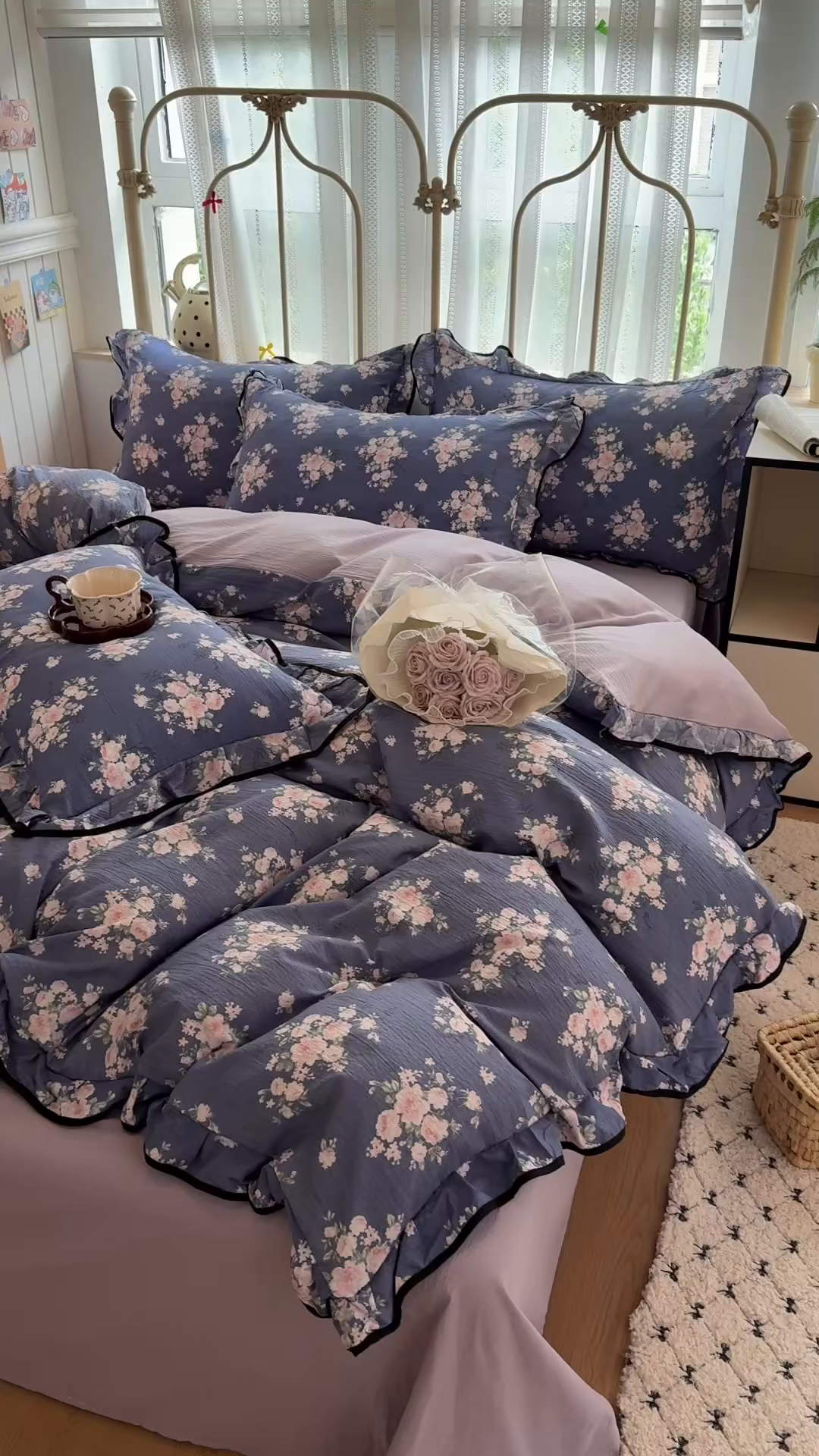 91家纺网 家纺一手货源 找家纺 艾特你 2025新款云感皱皱双层纱黑色包边四件套 黑边-豆蔻