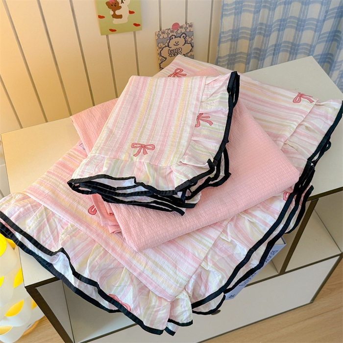 艾特你 2025新款云感皱皱双层纱黑色包边四件套 黑边-蝴蝶结