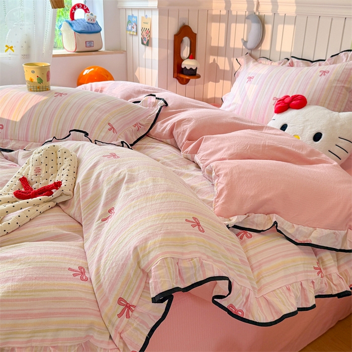 91家纺网 家纺一手货源 找家纺 艾特你 2025新款云感皱皱双层纱黑色包边四件套 黑边-蝴蝶结