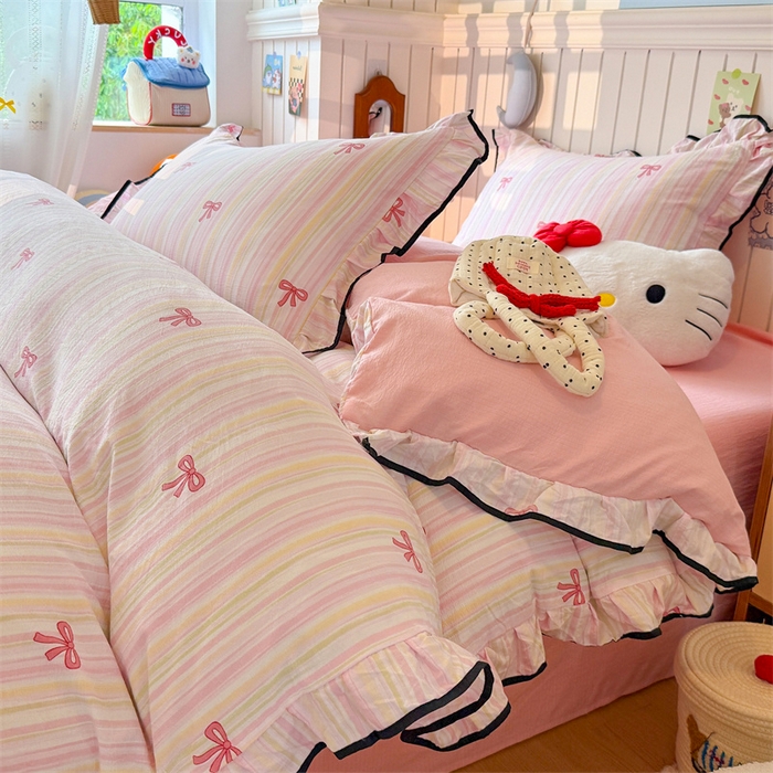 91家纺网 家纺一手货源 找家纺 艾特你 2025新款云感皱皱双层纱黑色包边四件套 黑边-蝴蝶结