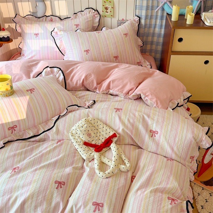 91家纺网 家纺一手货源 找家纺 艾特你 2025新款云感皱皱双层纱黑色包边四件套 黑边-蝴蝶结