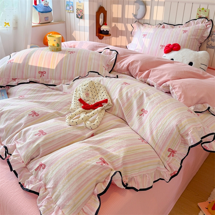 91家纺网 家纺一手货源 找家纺 艾特你 2025新款云感皱皱双层纱黑色包边四件套 黑边-蝴蝶结