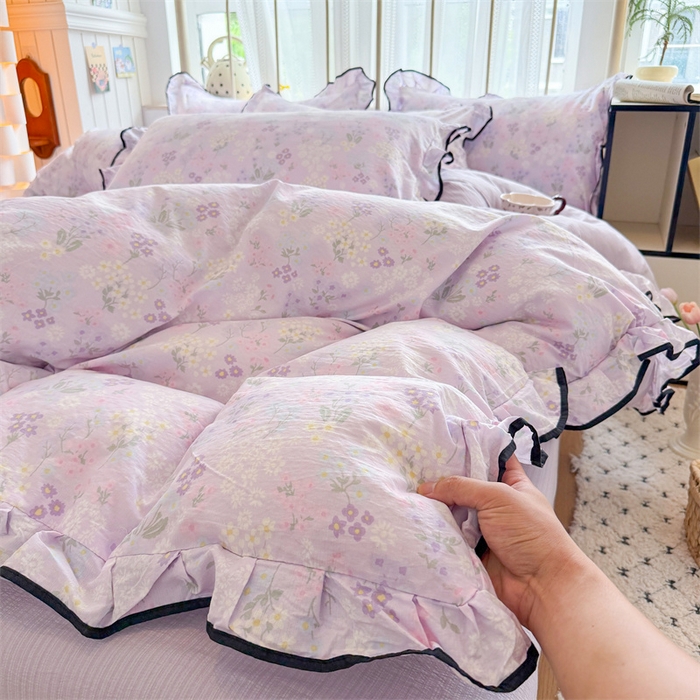 91家纺网 家纺一手货源 找家纺 艾特你 2025新款云感皱皱双层纱黑色包边四件套 黑边-可颂