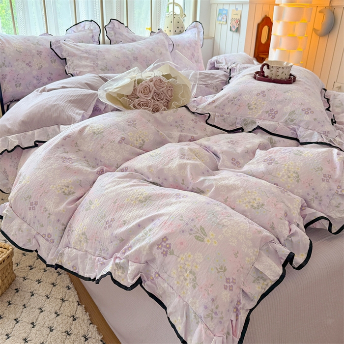 91家纺网 家纺一手货源 找家纺 艾特你 2025新款云感皱皱双层纱黑色包边四件套 黑边-可颂