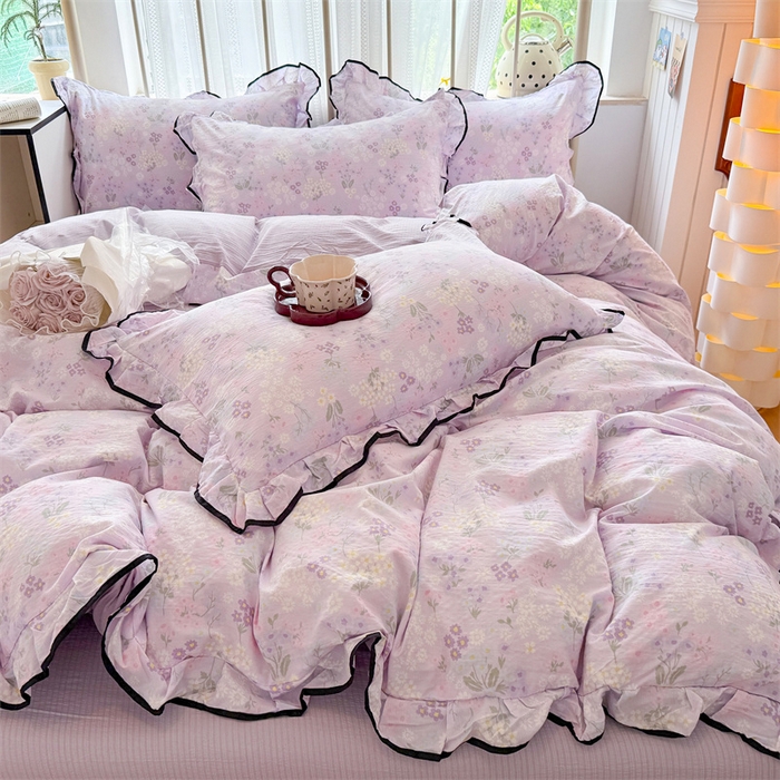 91家纺网 家纺一手货源 找家纺 艾特你 2025新款云感皱皱双层纱黑色包边四件套 黑边-可颂