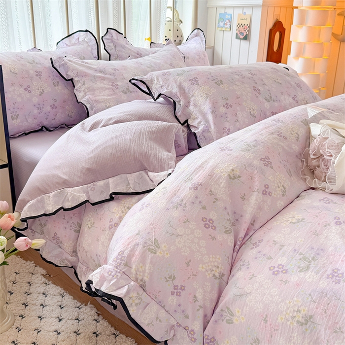 91家纺网 家纺一手货源 找家纺 艾特你 2025新款云感皱皱双层纱黑色包边四件套 黑边-可颂