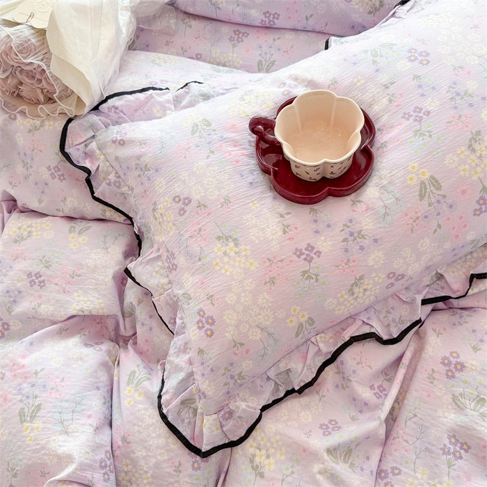 91家纺网 家纺一手货源 找家纺 艾特你 2025新款云感皱皱双层纱黑色包边四件套 黑边-可颂