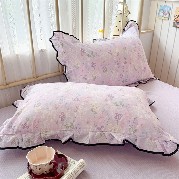 91家纺网 家纺一手货源 找家纺 艾特你 2025新款云感皱皱双层纱黑色包边四件套 黑边-可颂