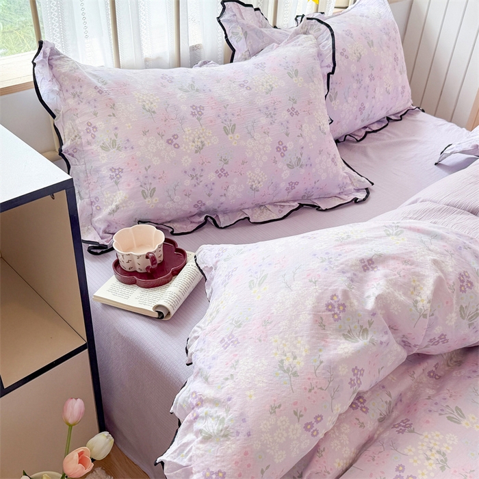 91家纺网 家纺一手货源 找家纺 艾特你 2025新款云感皱皱双层纱黑色包边四件套 黑边-可颂