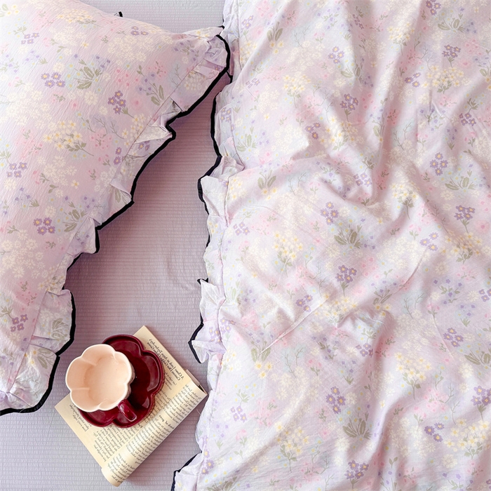 91家纺网 家纺一手货源 找家纺 艾特你 2025新款云感皱皱双层纱黑色包边四件套 黑边-可颂