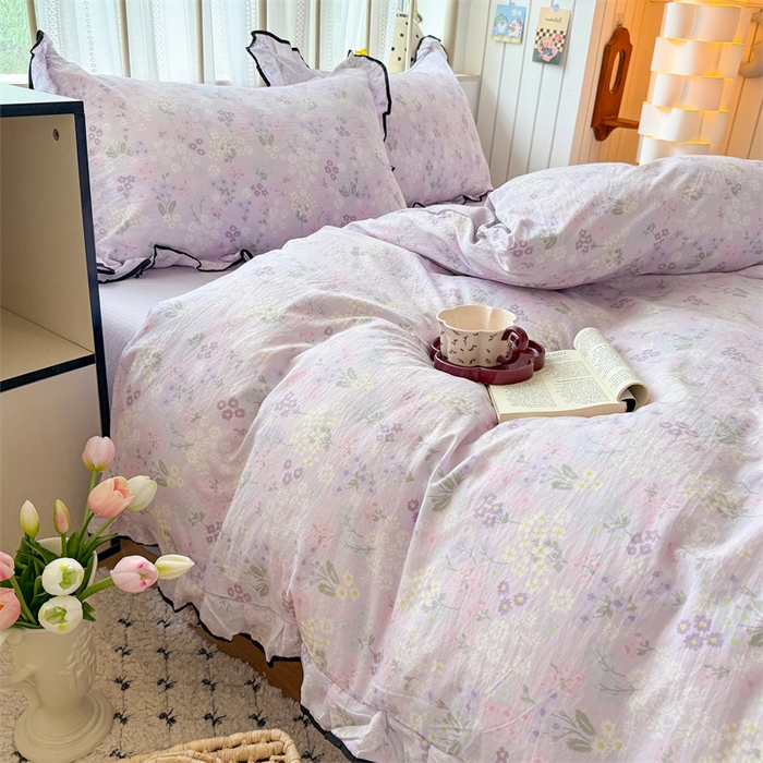 91家纺网 家纺一手货源 找家纺 艾特你 2025新款云感皱皱双层纱黑色包边四件套 黑边-可颂