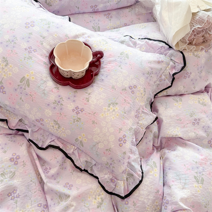 91家纺网 家纺一手货源 找家纺 艾特你 2025新款云感皱皱双层纱黑色包边四件套 黑边-可颂