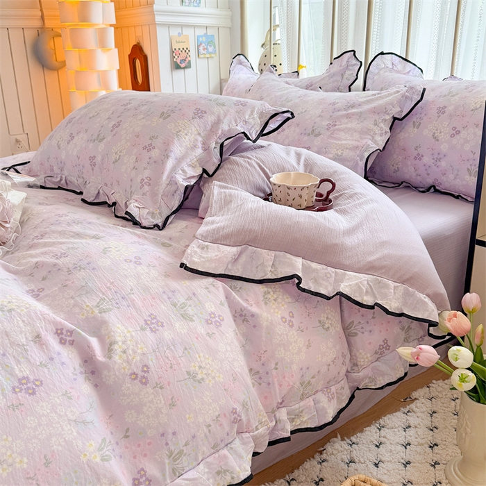 91家纺网 家纺一手货源 找家纺 艾特你 2025新款云感皱皱双层纱黑色包边四件套 黑边-可颂