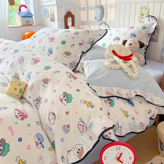 91家纺网 家纺一手货源 找家纺 艾特你 2025新款云感皱皱双层纱黑色包边四件套 黑边-快乐家族