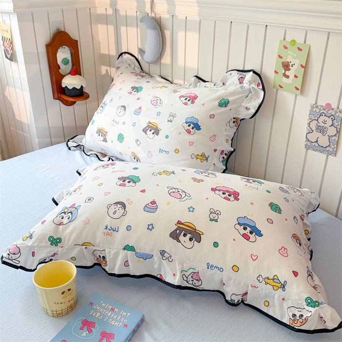 91家纺网 家纺一手货源 找家纺 艾特你 2025新款云感皱皱双层纱黑色包边四件套 黑边-快乐家族