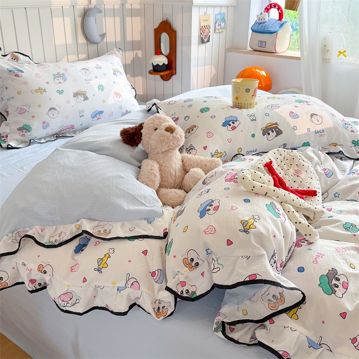 91家纺网 家纺一手货源 找家纺 艾特你 2025新款云感皱皱双层纱黑色包边四件套 黑边-快乐家族