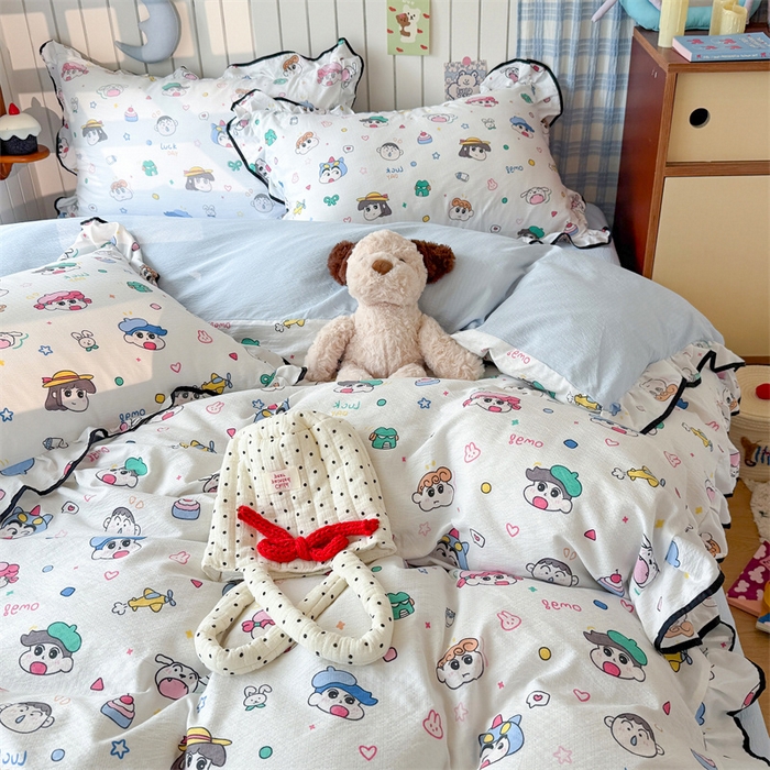 91家纺网 家纺一手货源 找家纺 艾特你 2025新款云感皱皱双层纱黑色包边四件套 黑边-快乐家族