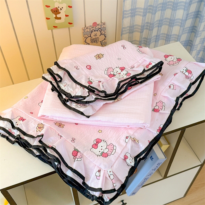 艾特你 2025新款云感皱皱双层纱黑色包边四件套 黑边-喵喵酱