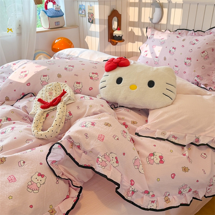 91家纺网 家纺一手货源 找家纺 艾特你 2025新款云感皱皱双层纱黑色包边四件套 黑边-喵喵酱