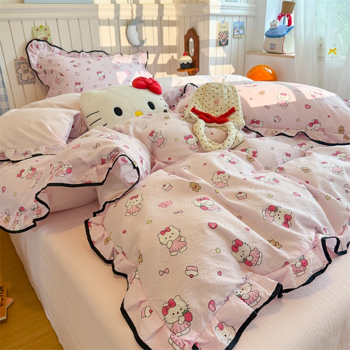 91家纺网 家纺一手货源 找家纺 艾特你 2025新款云感皱皱双层纱黑色包边四件套 黑边-喵喵酱