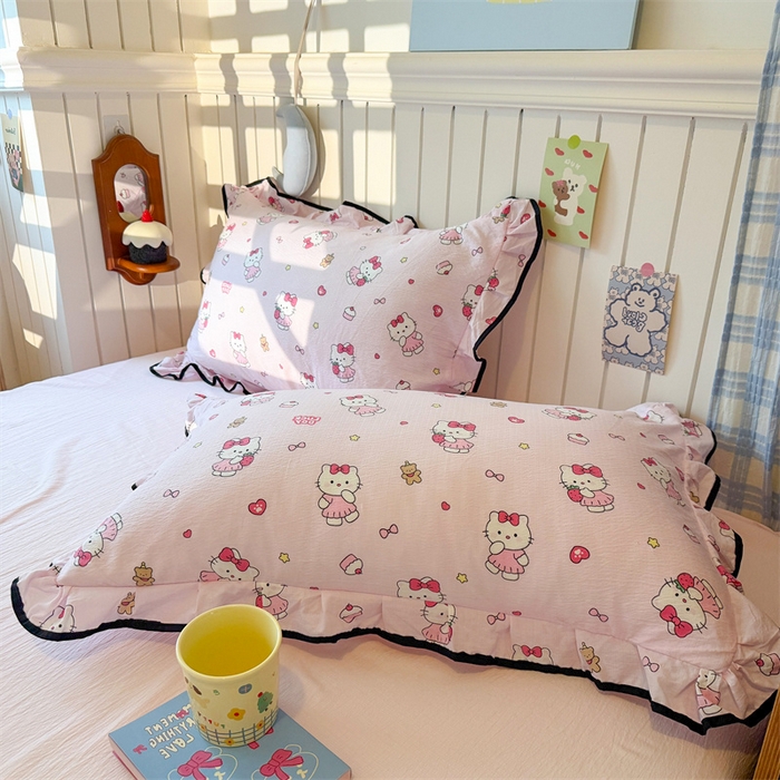 91家纺网 家纺一手货源 找家纺 艾特你 2025新款云感皱皱双层纱黑色包边四件套 黑边-喵喵酱