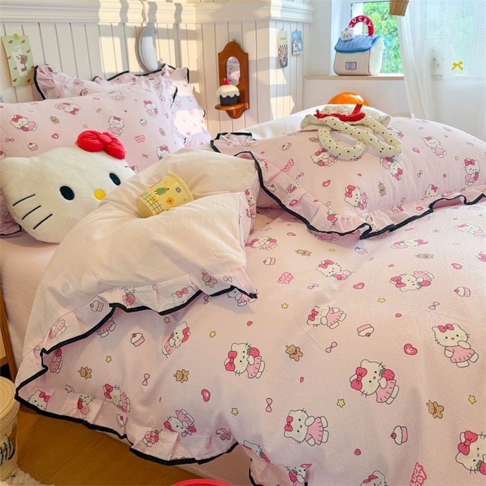 91家纺网 家纺一手货源 找家纺 艾特你 2025新款云感皱皱双层纱黑色包边四件套 黑边-喵喵酱