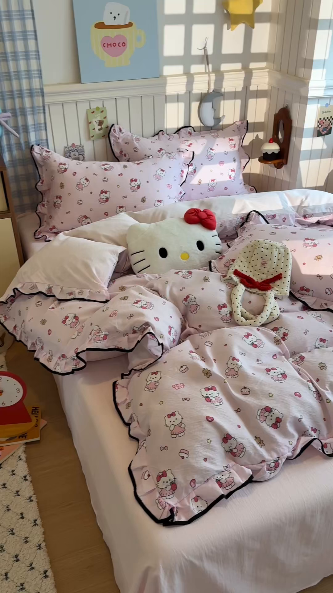 91家纺网 家纺一手货源 找家纺 艾特你 2025新款云感皱皱双层纱黑色包边四件套 黑边-喵喵酱