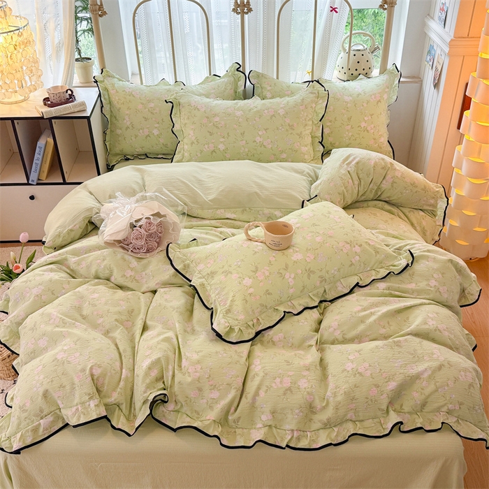 91家纺网 家纺一手货源 找家纺 艾特你 2025新款云感皱皱双层纱黑色包边四件套 黑边-木槿绿