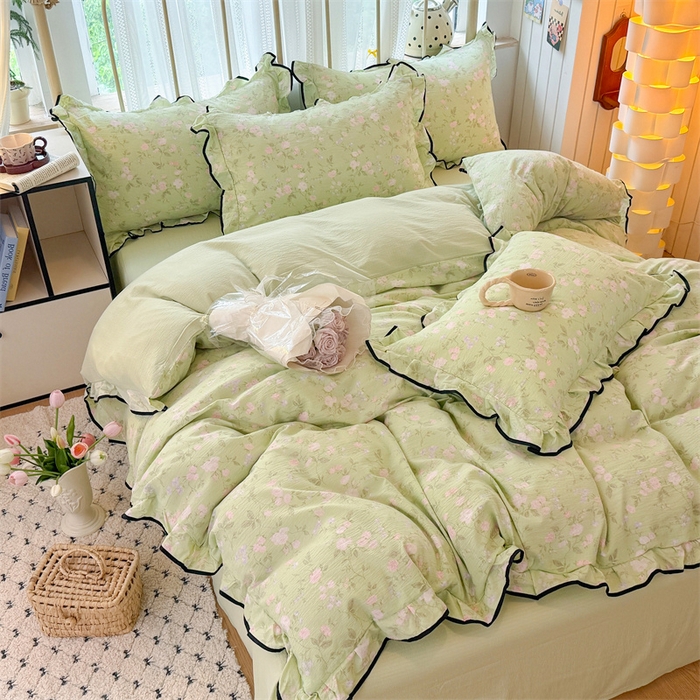 91家纺网 家纺一手货源 找家纺 艾特你 2025新款云感皱皱双层纱黑色包边四件套 黑边-木槿绿