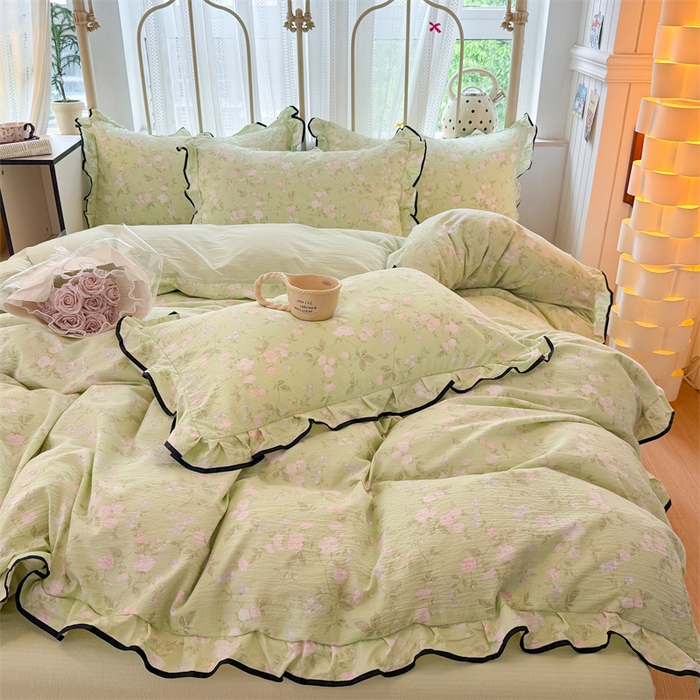 91家纺网 家纺一手货源 找家纺 艾特你 2025新款云感皱皱双层纱黑色包边四件套 黑边-木槿绿