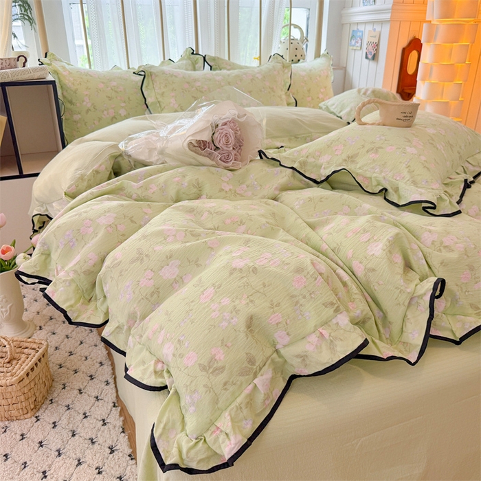 91家纺网 家纺一手货源 找家纺 艾特你 2025新款云感皱皱双层纱黑色包边四件套 黑边-木槿绿