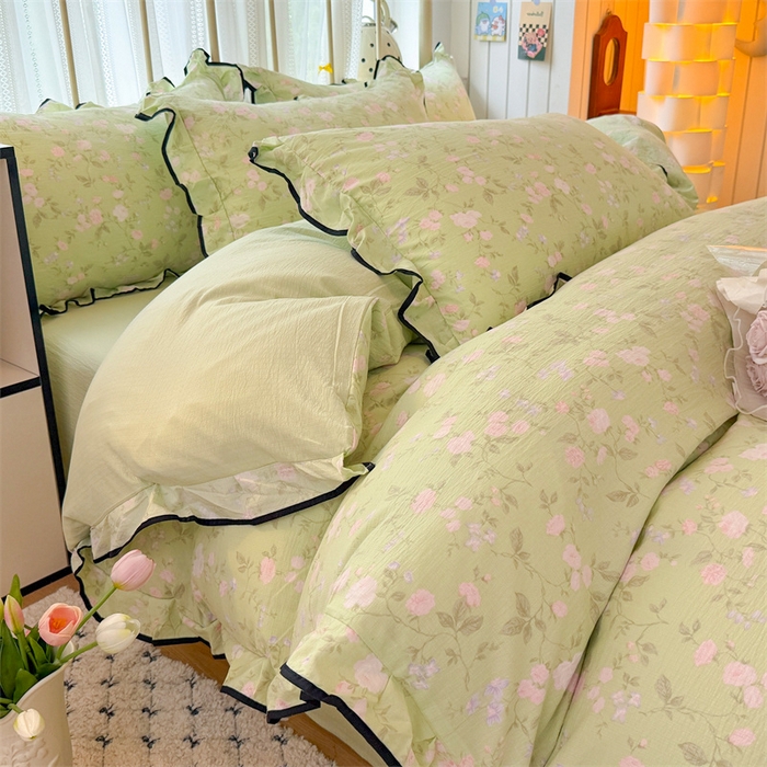 91家纺网 家纺一手货源 找家纺 艾特你 2025新款云感皱皱双层纱黑色包边四件套 黑边-木槿绿