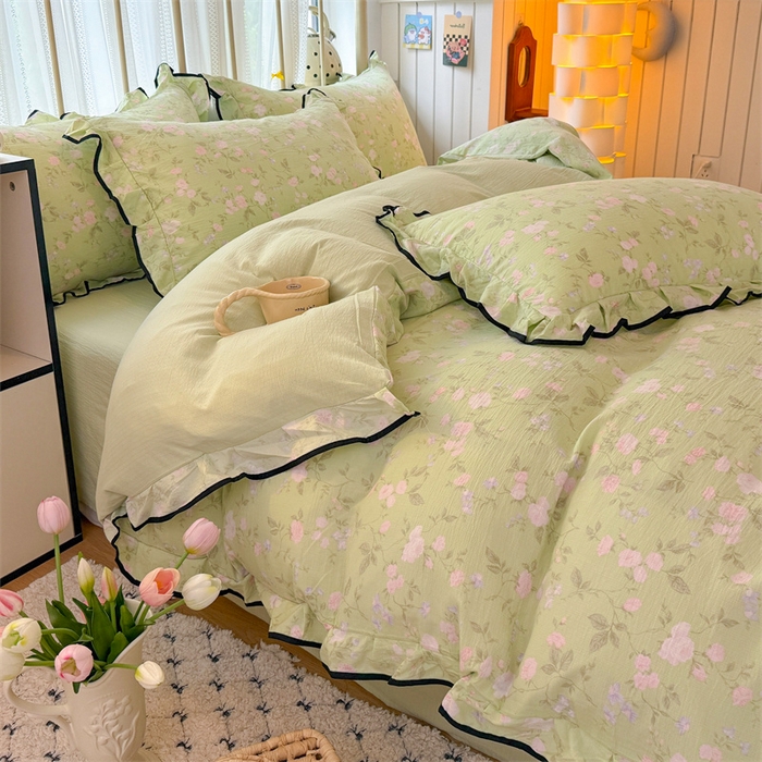 91家纺网 家纺一手货源 找家纺 艾特你 2025新款云感皱皱双层纱黑色包边四件套 黑边-木槿绿