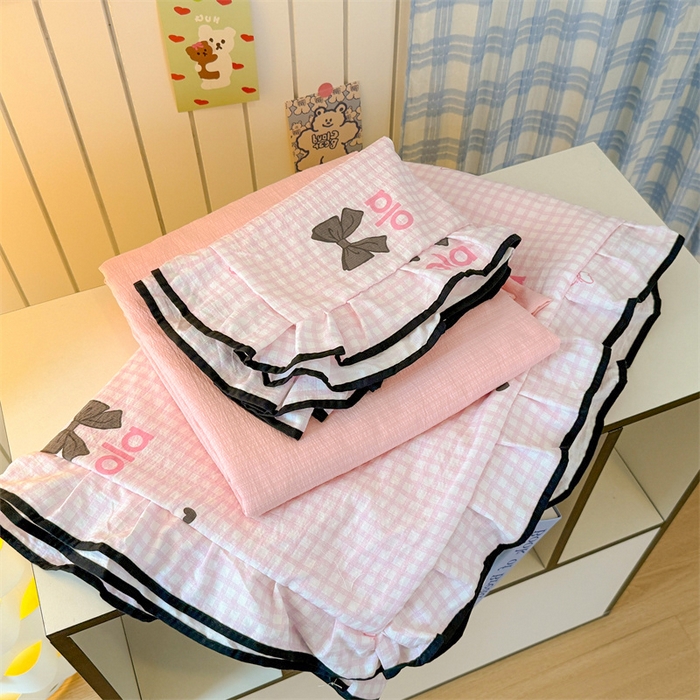 艾特你 2025新款云感皱皱双层纱黑色包边四件套 黑边-少女日记