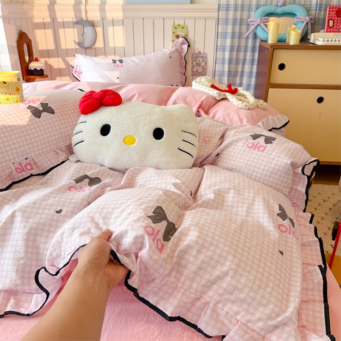 91家纺网 家纺一手货源 找家纺 艾特你 2025新款云感皱皱双层纱黑色包边四件套 黑边-少女日记