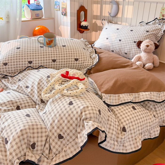 91家纺网 家纺一手货源 找家纺 艾特你 2025新款云感皱皱双层纱黑色包边四件套 黑边-心格