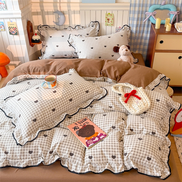 91家纺网 家纺一手货源 找家纺 艾特你 2025新款云感皱皱双层纱黑色包边四件套 黑边-心格