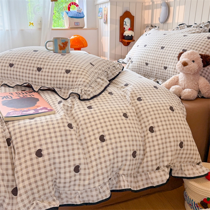 91家纺网 家纺一手货源 找家纺 艾特你 2025新款云感皱皱双层纱黑色包边四件套 黑边-心格