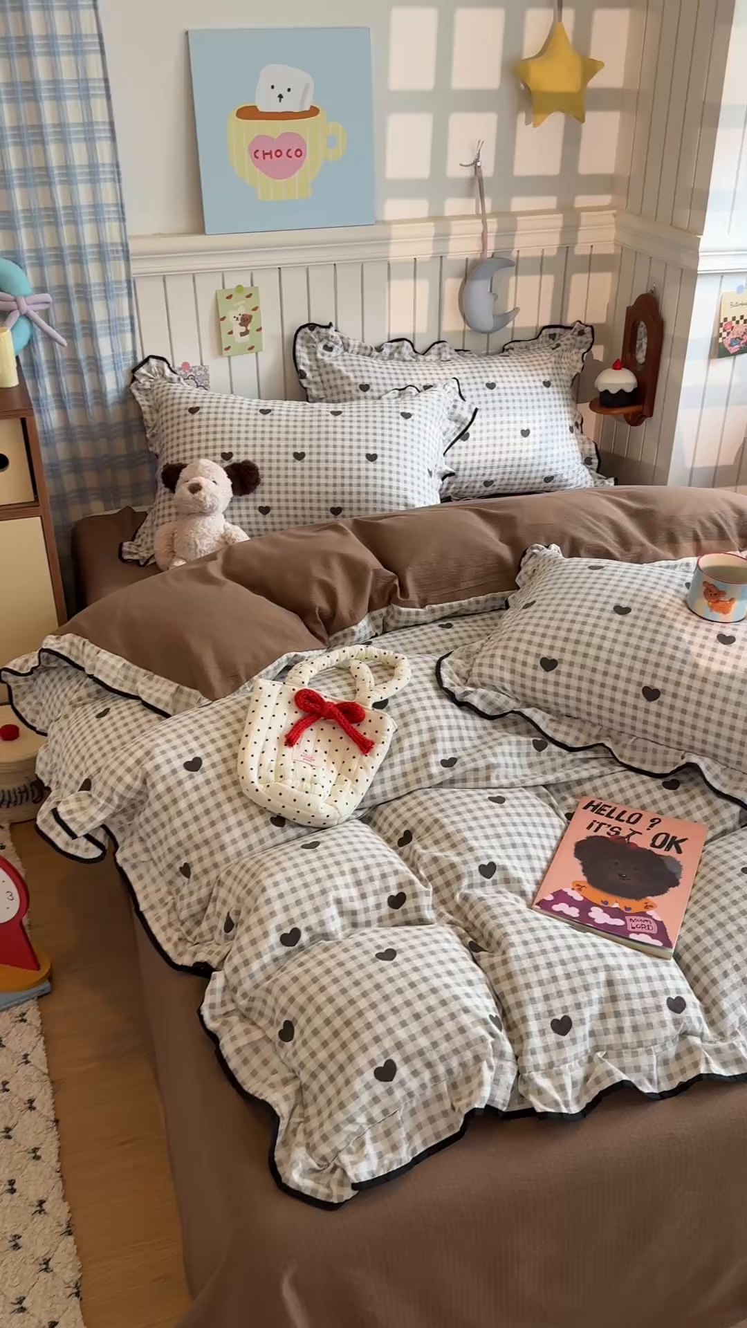 91家纺网 家纺一手货源 找家纺 艾特你 2025新款云感皱皱双层纱黑色包边四件套 黑边-心格