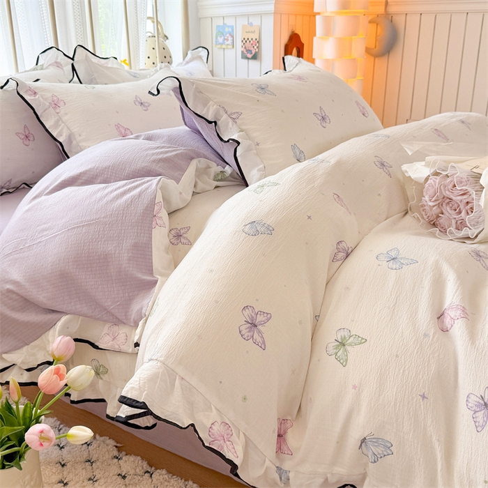 91家纺网 家纺一手货源 找家纺 艾特你 2025新款云感皱皱双层纱黑色包边四件套 黑边-炫彩蝴蝶