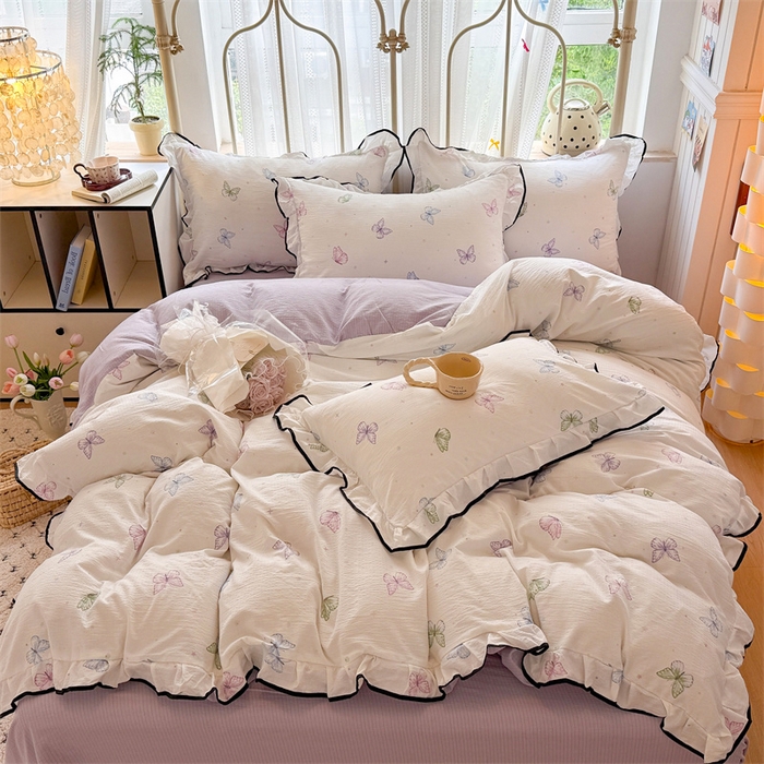 91家纺网 家纺一手货源 找家纺 艾特你 2025新款云感皱皱双层纱黑色包边四件套 黑边-炫彩蝴蝶