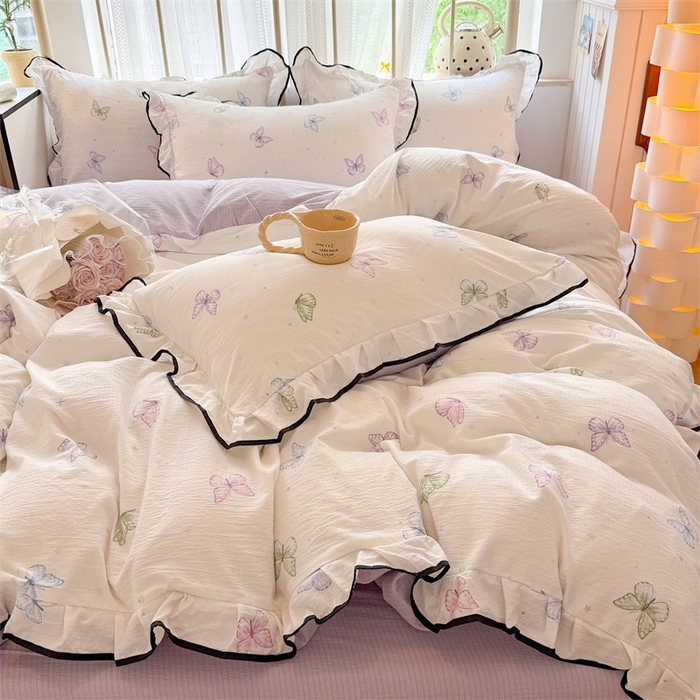 91家纺网 家纺一手货源 找家纺 艾特你 2025新款云感皱皱双层纱黑色包边四件套 黑边-炫彩蝴蝶