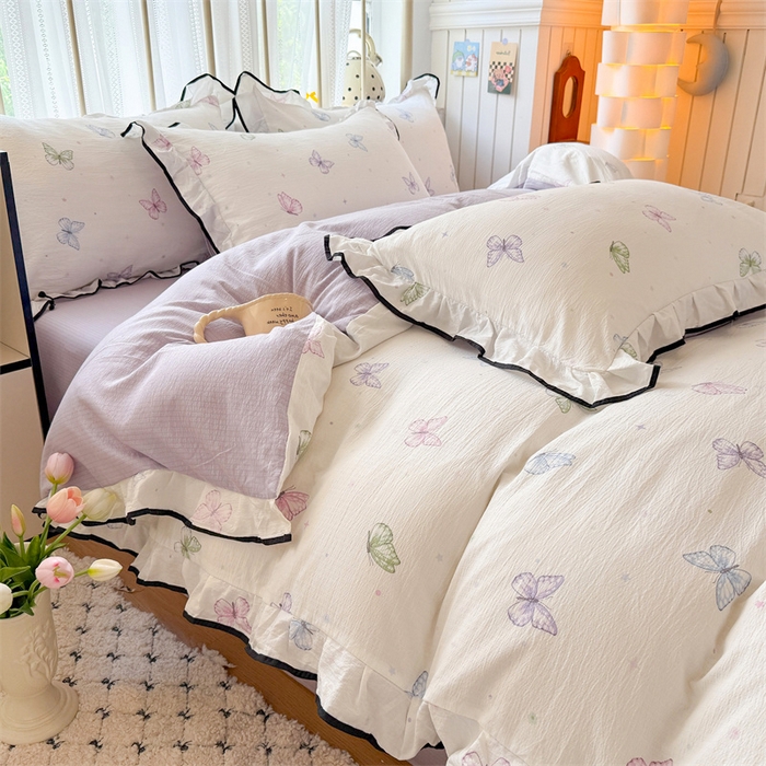 91家纺网 家纺一手货源 找家纺 艾特你 2025新款云感皱皱双层纱黑色包边四件套 黑边-炫彩蝴蝶