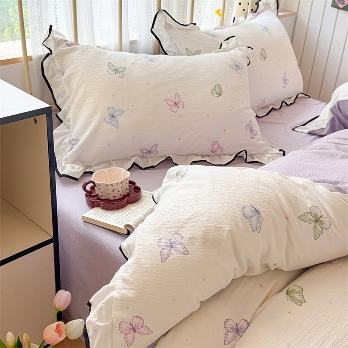 91家纺网 家纺一手货源 找家纺 艾特你 2025新款云感皱皱双层纱黑色包边四件套 黑边-炫彩蝴蝶