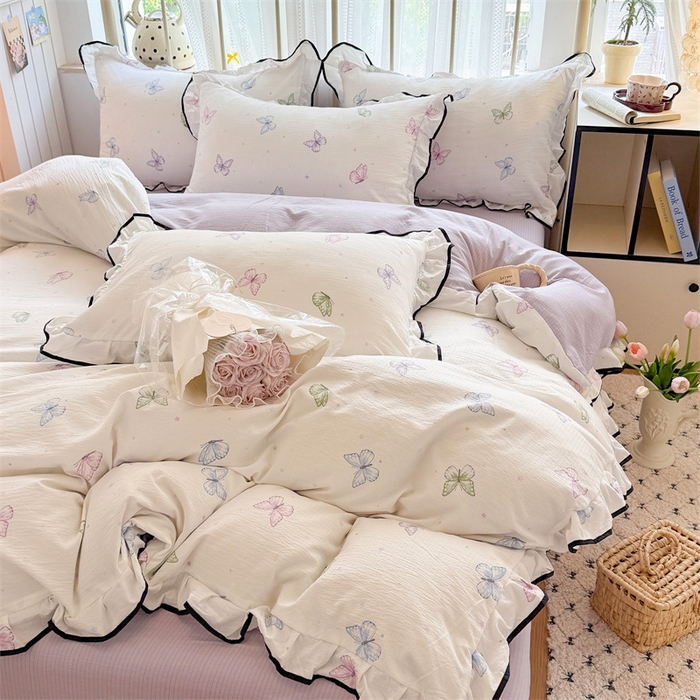 91家纺网 家纺一手货源 找家纺 艾特你 2025新款云感皱皱双层纱黑色包边四件套 黑边-炫彩蝴蝶